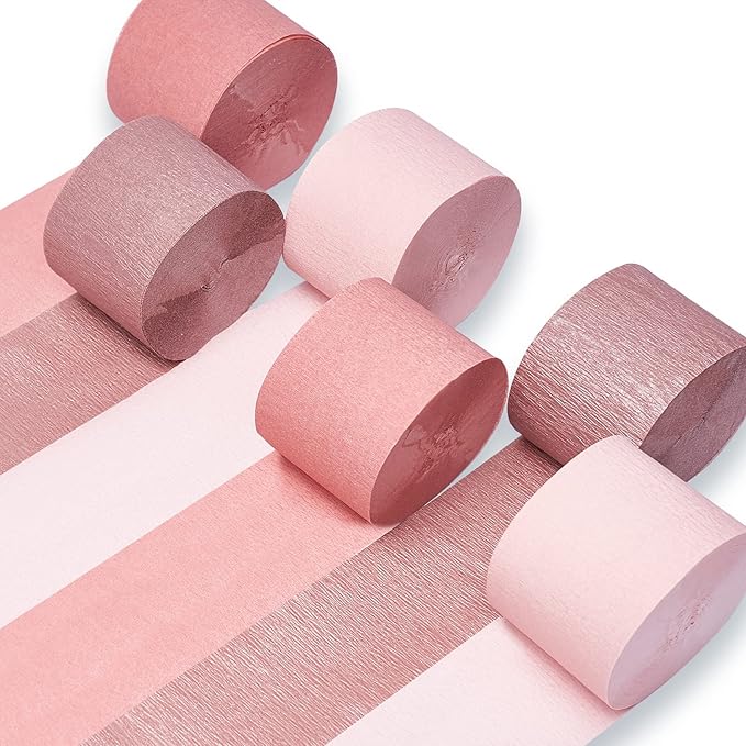 PartyWoo Rose Gold Crepe Paper Streamers 6pcs 492ft Pack of Metallic Rose Gold Baby Pink Crepe Paper Streamers for Birthday Bridal Shower Engagement New Year Eve Graduation Party Decorations