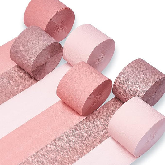 PartyWoo Rose Gold Crepe Paper Streamers 6pcs 492ft Pack of Metallic Rose Gold Baby Pink Crepe Paper Streamers for Birthday Bridal Shower Engagement New Year Eve Graduation Party Decorations