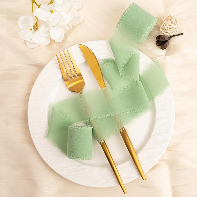 Chiffon Ribbon, Sage Green Silk 1.5''x21Yd Handmade Frayed Fringe Ribbons for Wrapping, DIY Bows, Invitations, Bridal Bouquets, Crafts, Birthday, Wedding, Engagement, Party Decoration, 3 Rolls