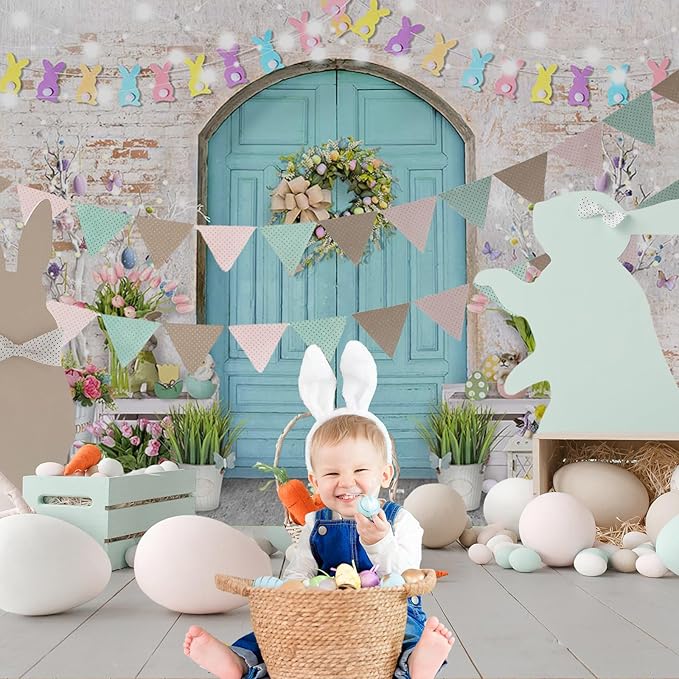 Mocsicka Easter Backdrop Blue Wooden Door with Brick Wall Bunny Rabbit Spring Photography Background Easter Day Party Decorations Photo Studio Props