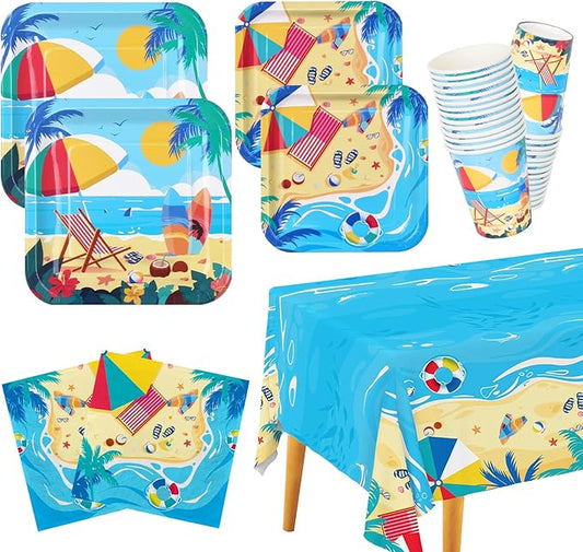 Beach Theme Party Supplies, Summer Pool Pack Includes: Paper Dinner Plates, Dessert Plates, Luncheon Napkins, Cups and Tablecloth for Hawaiian Party Birthday Decorations, Serve 25