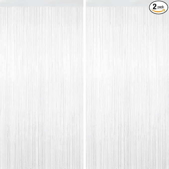 2 Pack White Tinsel Curtain Party Backdrop Decorations, Metallic Foil Fringe Curtain for Wedding Parties Door Streamers Christmas Baby Bridal Shower Birthday Bachelorette Photo Booth Party Decor