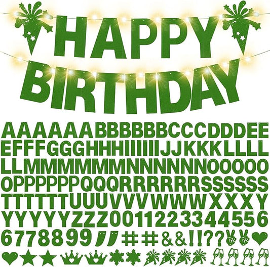 175Pcs DIY Custom Letter Banner Glitter Customizable Banner Kit DIY Happy Birthday Letters 0-9 Numbers Light Rope Personalized Banners Baby Shower Birthday Party Decorations Supplies(Dazzling Green)