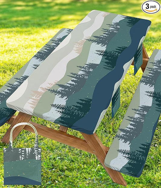 Picnic Table Cover with Bench Covers Waterproof Elastic Rectangle Tablecloth Camping Essentials Supplies Rv Car Travel Must Haves Gear Accessories Fitted Table Cloth Outdoor Road Trip Camper Gifts 8ft