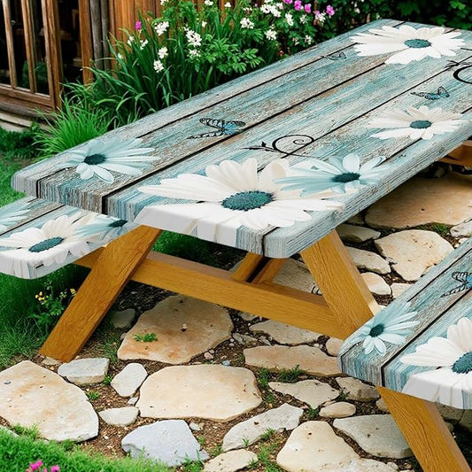 Rustic Daisy Picnic Table Cover with Bench Covers, Waterproof Farmhouse Vintage Floral on Wooden Board Teal Sunflowers Tablecloth for Camping Indoor Outdoor Party Decorations, 30X72in