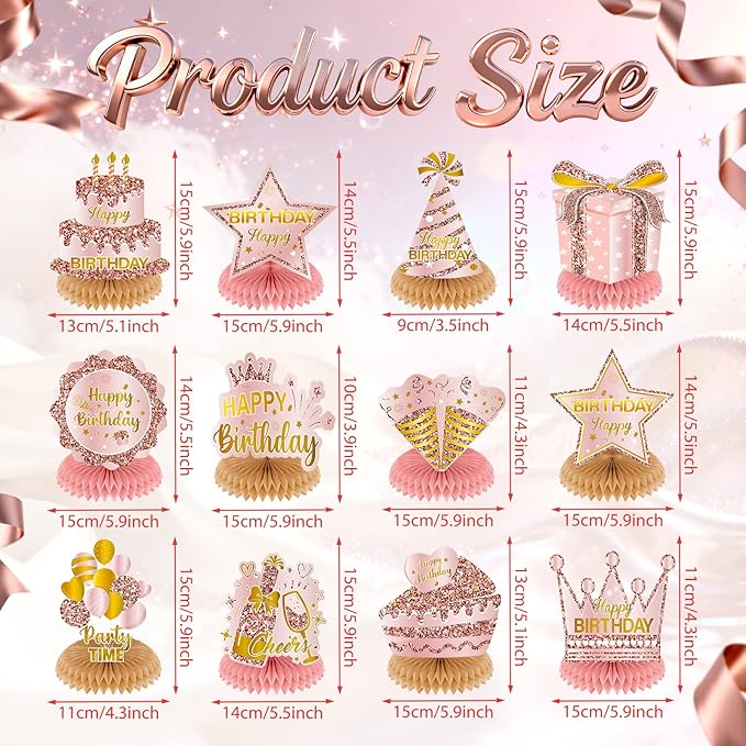 12Pcs Rose Gold Birthday Decorations Honeycomb Centerpieces for Women Girls, Rose Gold Happy Birthday Table Centerpieces for Kids Adult Birthday Table Topper Sign Decor Supplies