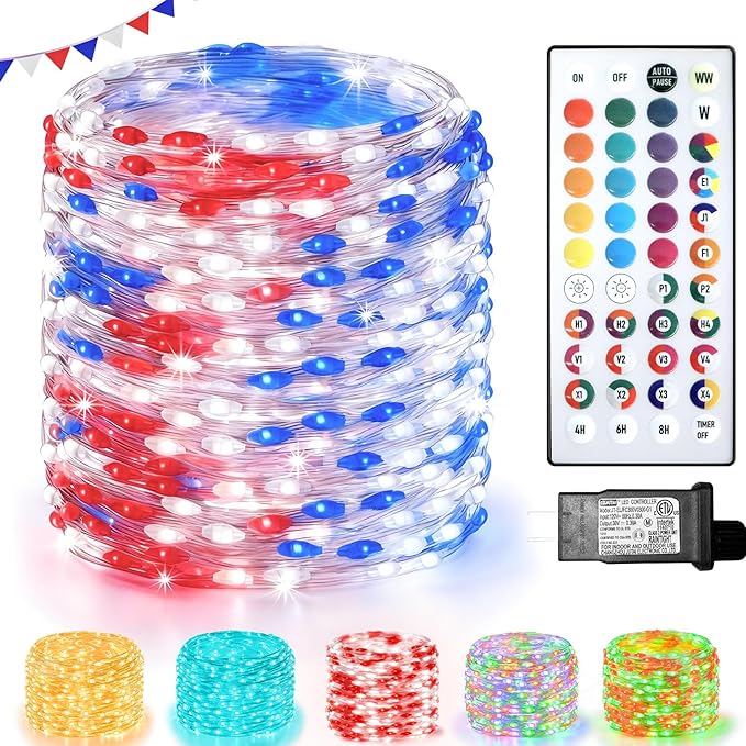Lovelite 200 LED Fairy Lights Color Changing, 66 FT 35 Colors 4th of July Fairy Lights with Remote, Red White and Blue String Lights for Bedroom Christmas Holiday Wedding Party Indoor Outdoor Decor