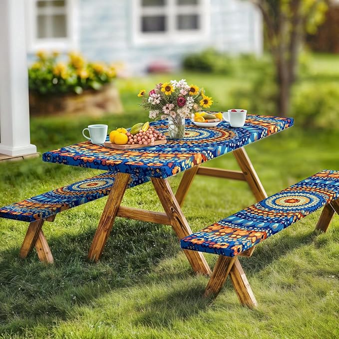 Picnic Table Cover with Bench Covers and Bag, Camping Essentials, Waterproof Windproof Camping Tablecloth, Fitted Tablecloth Cover with Elastic Edge for Indoor Outdoor 3 PCS 30x96 Inch