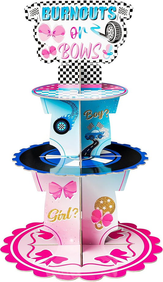 Haooryx Burnout or Bow Gender Reveal Cupcake Stand - 3-Tier Pink Blue Racing Bow Cupcake Tower Cardboard Dessert Holder for Boy or Girl Baby Shower He or She Gender Reveal Party Table Decoration