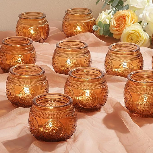 12 Pcs Amber Candle Holders- Floral Style Vintage Candle Holder for Rustic/Boho Wedding Table centerpieces, Bridal Shower, Baby Shower Decoration