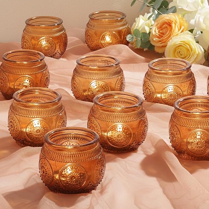 36 Pcs Amber Candle Holders Bulk- Floral Style Vintage Candle Holder for Rustic/Boho Wedding Table centerpieces, Bridal Shower, Baby Shower Decoration