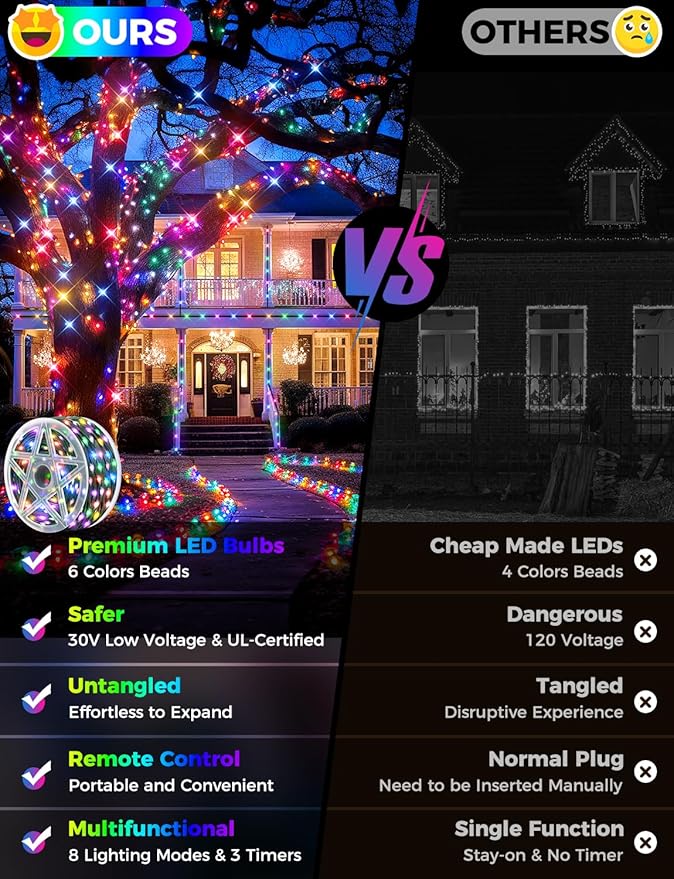 Brightever 360FT 1100 LED String Lights with Remote, IP67 Waterproof Plug-in Christmas Tree Lights - 8 Modes & 3 Timers, Dimmable Outdoor String Light for House Yard Xmas Decorations (Multicolor)