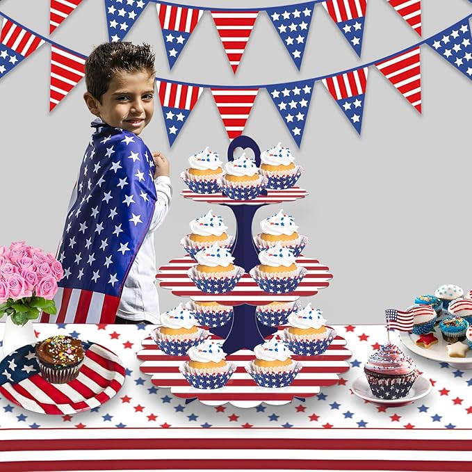 Patriotic Cupcake Stand, 3-Tier Red White Blue Cardboard Dessert Tower, Independence Day Memorial Veterans Day Party Decorations, American Flag Theme Dessert Display (2-Pack)