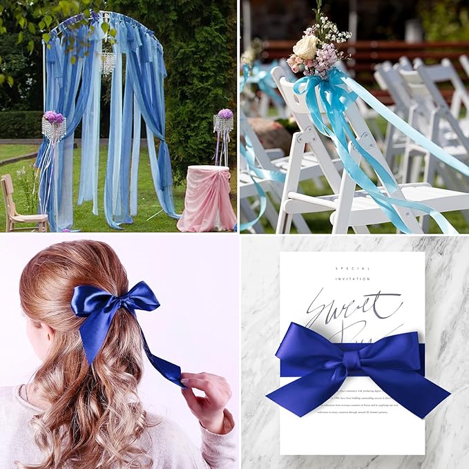 ASTARON Blue Satin Ribbon for Wedding Bouquet DIY Crafts 1 Inch, Solid Color Fabric Ribbon for Gift Wrapping Christmas Gift Bows Hair Bows Silk Ribbon for Bouquets Baby Shower Decor
