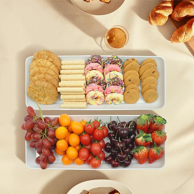 Serving Tray Platter Rectangle, 2 Pcs Long Narrow Food Tray for Veggie Fruit Snack Dessert, Plastic White Food Trays for Party Supplies Display, Rectangular Platters for Serving Food, BPA Free