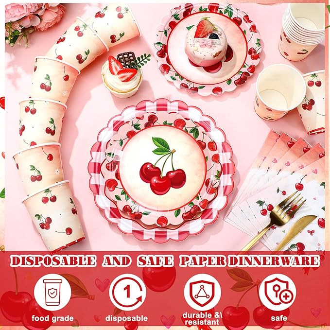 Domensi 250 Pcs Baby Shower Decorations for Girls Cherry Bridal Shower Party Supplies Paper Plates Napkins Cups Tableware Set for 50 Guests She's the Cherry on Top Birthday Party Supplies for Wedding