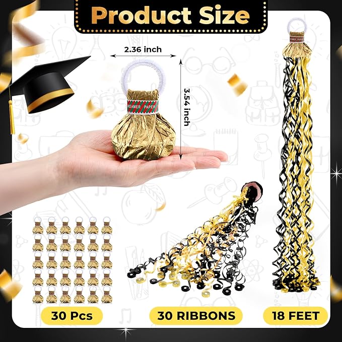 WinnerWhy 30 Pcs No Mess Confetti Poppers Hand Throw Streamers Party Poppers for Graduation 2026 Birthday Celebrations Wedding Engagement Bachelorette Party Supplies(Black and Gold)