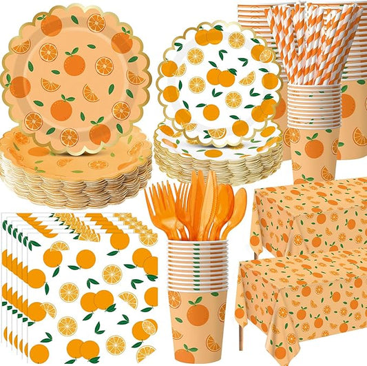 Ceenna 452 Pcs Orange Theme Party Supplies for 50, Little Cutie Is on the Way Paper Plates Napkins Cups Tablecloth Cutlery Straw Disposable Tableware for Summer Birthday Baby Shower Party Decoration