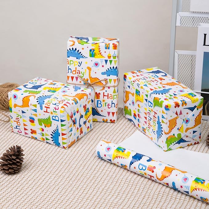 Viadom Birthday Wrapping Paper,Gift Wrapping Paper Roll,Dinosaur Wrapping Paper-17 inch X 50 Feet Per roll,Colorful Happy Birthday Pattern For Boys Girls, Perfect For Birthdays Party, Baby Shower