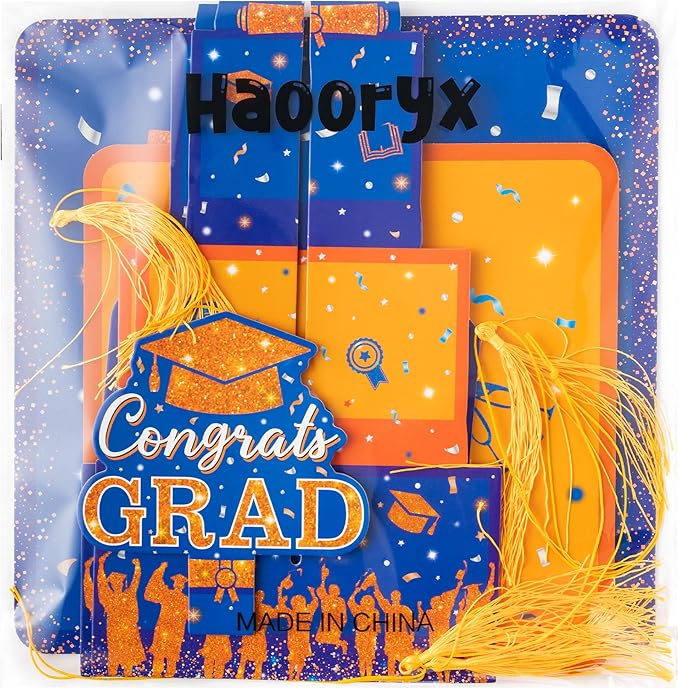 Haooryx Graduation Cupcake Stand Decoration - 3-Tier Orange Blue Graduate Cap Cupcake Tower with Tassel Cardboard Dessert Holder Kindergarten Primary High School College Graduation Party Table Decor