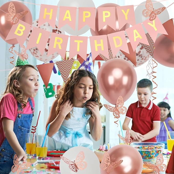 Rose Gold Birthday Decorations Women, Happy Birthday Banner for Girls Party Decorations with Balloons, Pennant Banner Flags and Rose Gold Butterfly Decorations