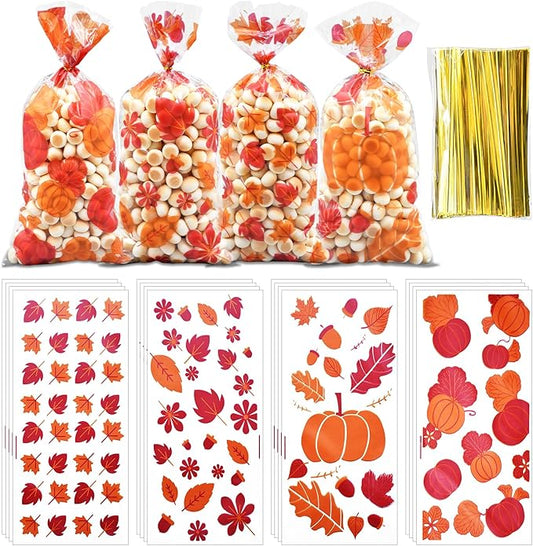160 Pieces 4 Styles Fall Harvest Cellophane Treat Candy Bags with Twist Ties - Pumpkin and Leaf Designs Clear Goodie Bags for Kids, Thanksgiving Day Party Favors, and Autumn Snack Decorations