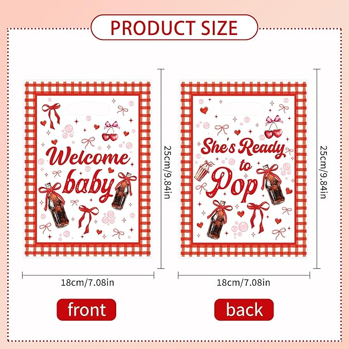 MOIZYNG She's Ready to Pop Baby Shower Decorations, 50Pcs Soda Pop Drink Themed Plastic Candy Treat Goodie Gift Bags with Handles for Girls Baby Shower Party Supplies