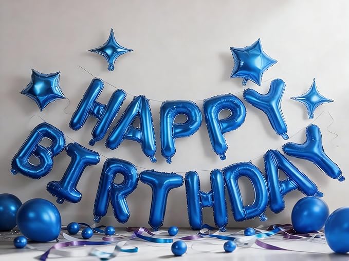 Blue Happy Birthday Banner Balloon Aluminum Foil 16 Inch Letter,10 Inch Five Pointed Star Four Pointed Star Suitable for Kids, Men, Women, Boys and Girls Party Decoration Supplies