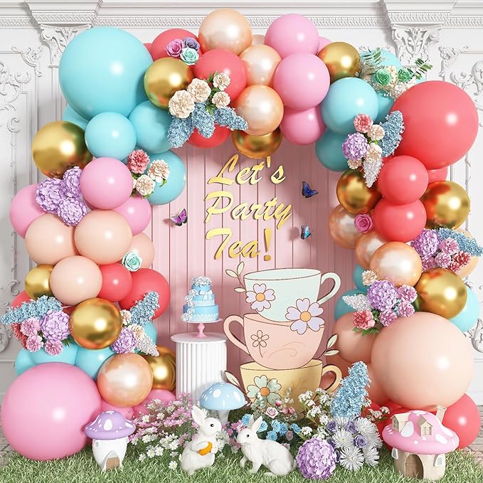 Pastel Balloon Garland Arch Kit, Colorful Coral Red Macaron Pink Orange Mint Teal Blue Champagne Metallic Gold Multicolor Latex Balloons Arch for Girls Birthday Wedding Baby Shower Party Decorations