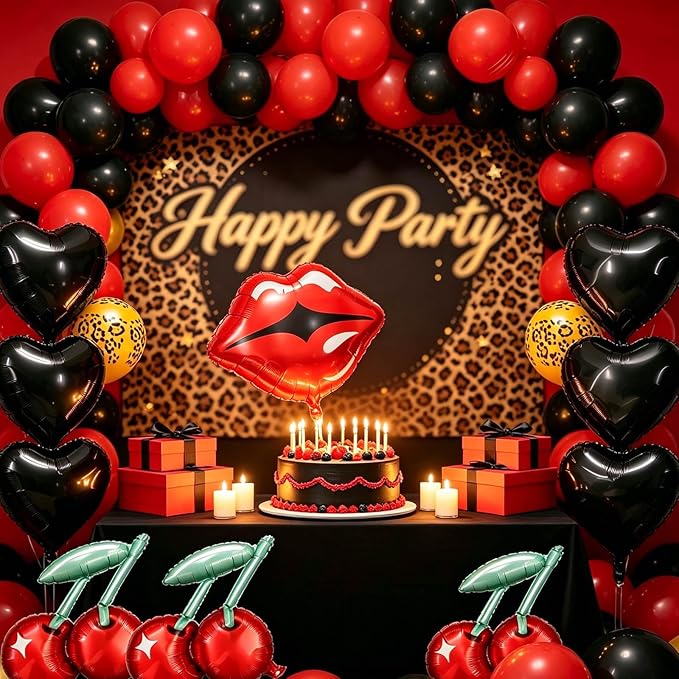 26Pcs Leopard Theme Balloon Kit, Red Black Balloon Set with Leopard Print Balloons, Red Lip Cherry Balloons, Heart Balloons for Birthday Party, Cheetah Balloon Bachelorette Decorations