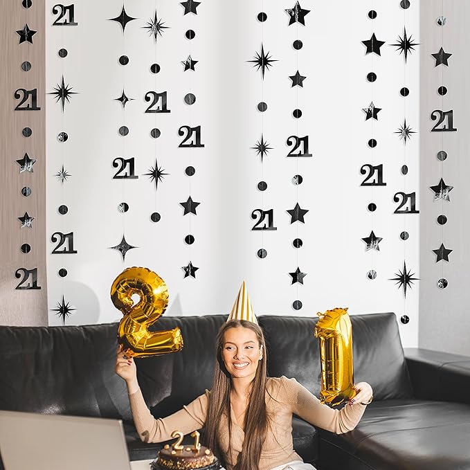 Black Number 21 Circle Dot Twinkle Star Garland Metallic Hanging Streamer Bunting Banner Backdrop Decoration for Girls Boys 21st Birthday Finally Legal Twenty One Anniversary Wedding Party Supplies