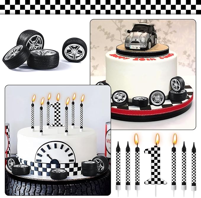 13 Pcs Racing Cars Themed Birthday Candles, Black and White Checkered Birthday Cake Candles, Numeral 1 Candle Wheel Tire for Racing Car Party Decoration Theme Party Supplies (Number 1)