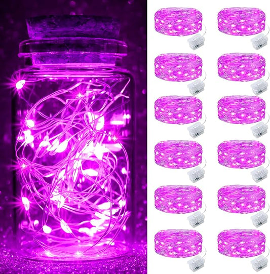 pozzolanas 12 Pack Pink Fairy Lights Battery Operated 3 Modes 7FT 20 LED Waterproof String Lights Twinkle Silver Wire for Mason Jars Wedding Christmas Halloween Part Decor (12, Pink)