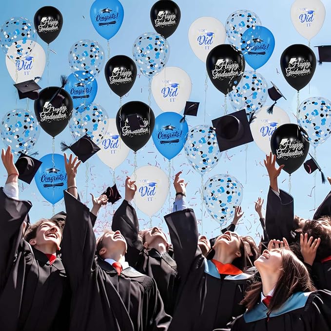 60 Pcs Graduation Balloons Class of 2026 Graduation Decorations - 12 Inch Congrats Grad Balloons Blue Black and White Latex Balloon Grad Party Decorations for College, High School