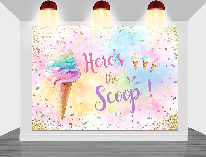 Mocsicka Here's The Scoop Backdrop Summer Sweet Ice Cream Theme Birthday Party Decorations for Grils Ice Cream Cake Table Banner Photography Background (Pastel, 7x5ft(82"x60"))