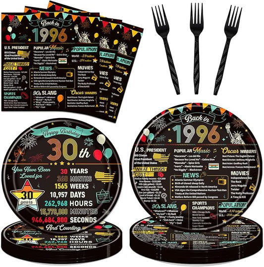 30th Birthday Plates and Napkins, 96PCS Vintage 30th Birthday Party Decorations Supplies for Him Her, Back in 1996 Cheers to 30 Years Disposable Tableware Set Serve 24