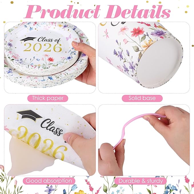 Kochorie 144 Pieces Floral Graduation Party Decorations, Class of 2026 Pink Wildflower Congrats Grad Tableware Sets Including Paper Plates Napkins Cups Forks for Women College High School, Serves 24