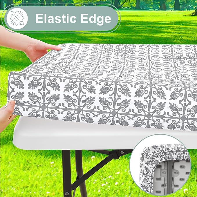 misaya Picnic Table Cover with Bench Cover, Waterproof Elastic Fitted Tablecloth for 5 Foot Tables, Rectangle Washable Polyester Tablecloths for Picnic, Camping, Outdoor (Grey, 30" x 60")