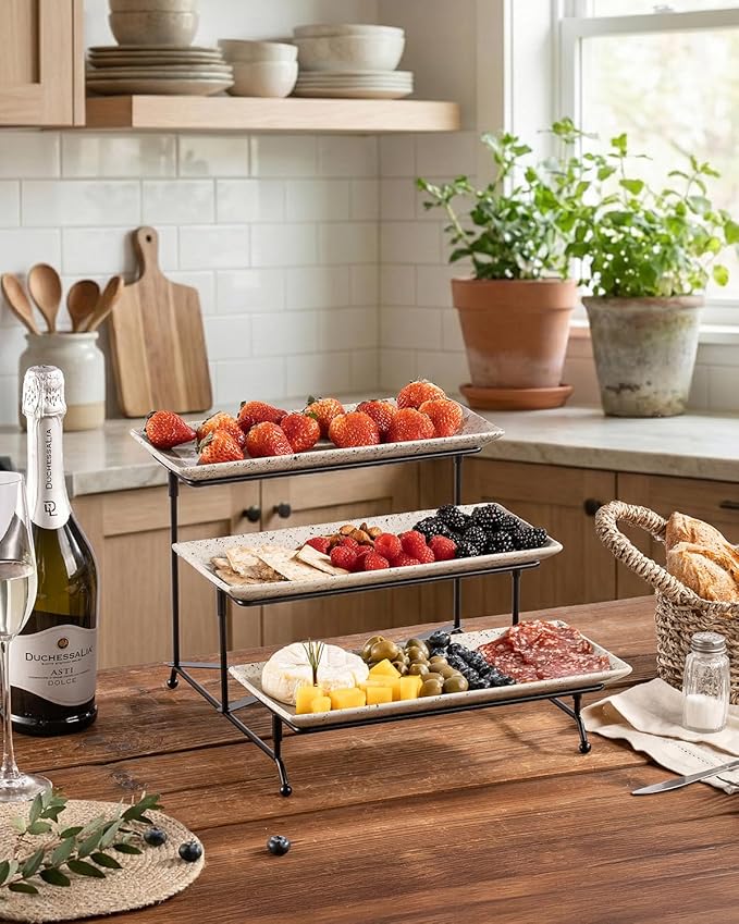 LAUCHUH 3 Tier Serving Tray, Porcelain Serving Platters and Trays for Party 12 Inch Tiered Tray Stand Cupcake Stand with Collapsible Sturdier Rack for Father's Day Serving Food, Speckled Glaze