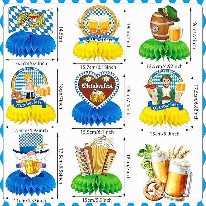 JULMELON 8PCS Oktoberfest Party Decorations Honeycomb Centerpiece, 3D Double Side Bavarian German Beer Festival Party Table Toppers for Oktoberfest Theme Party Table Decorations Favors Supplies