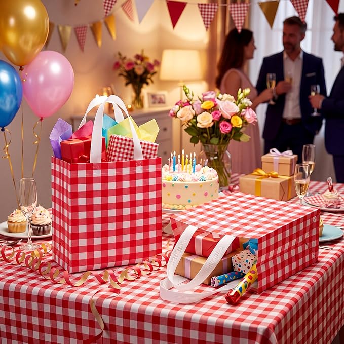 Sweetude 16 Pcs Red White Checkered Gift Bags with Handles Gingham Red and White Party Favors Non-woven Reusable Tote for Women Wedding Birthday Baby Shower Mother's Day Party Decorations
