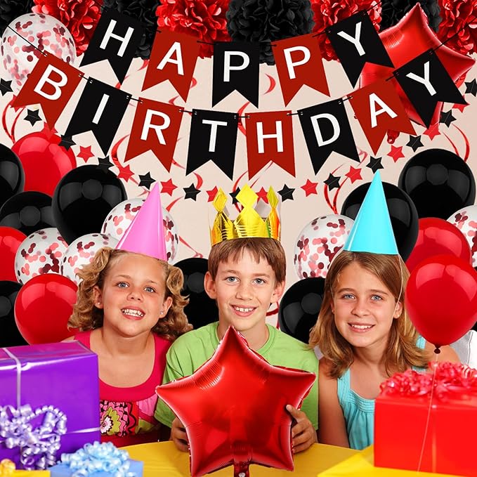 Black and Red Birthday Decorations - Happy Birthday Banner for Boys Girls Men Women Party Supplies