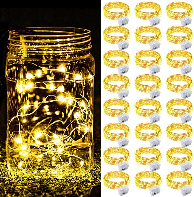 24 Pack Fairy Lights Battery Operated, 7FT 20 Mini LED Fairy Lights Silver Wire Twinkle Lights for DIY, Parties, Wedding, Bedroom, Christmas Decoration (Warm White)
