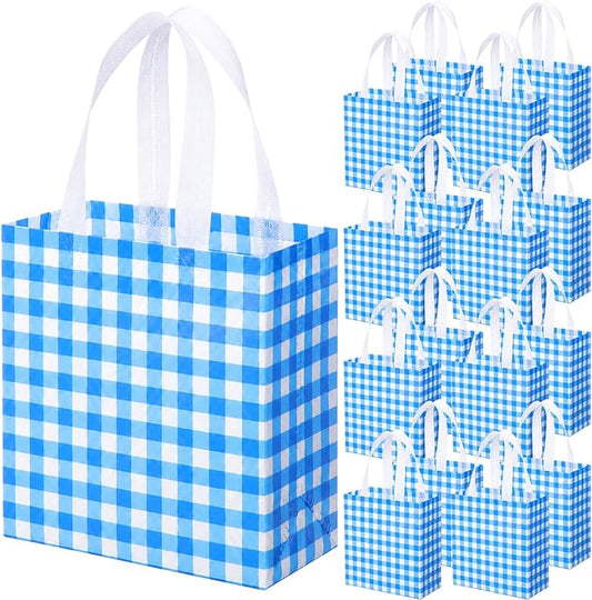 Sweetude 16 Pcs Dark Blue White Checkered Gift Bags with Handles Gingham Dark Blue and White Party Favors Non-woven Reusable Tote for Women Wedding Birthday Baby Shower Mother's Day Party Decorations