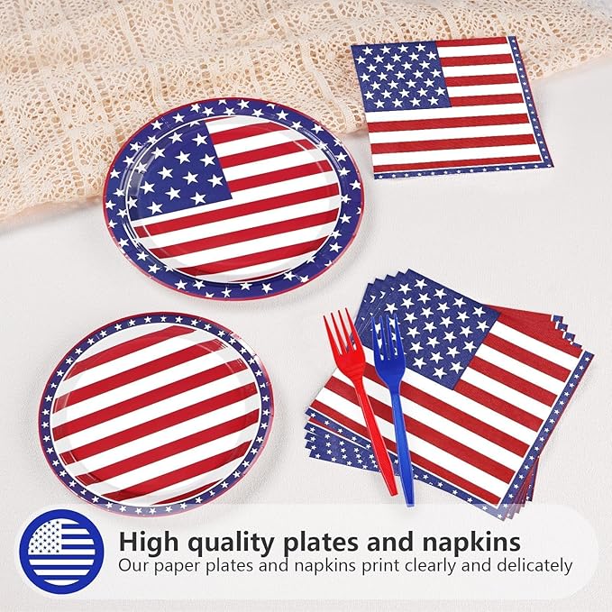 96Pcs 4th of July Patriotic Party Supplies Memorial Day Patriotic Paper Plates and Napkins US American Flag Disposable Tableware for 4th of July 250th Anniversary Party Decorations Serve 24