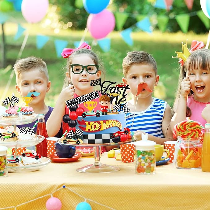 MEMOVAN Race Car Cake Topper Red Black Balls Cake Toppers Fast One Cake Decorations 1st Birthday Cake for Boy's Kids Racing Car Checkered Flag Themed BirthdayParty Favors