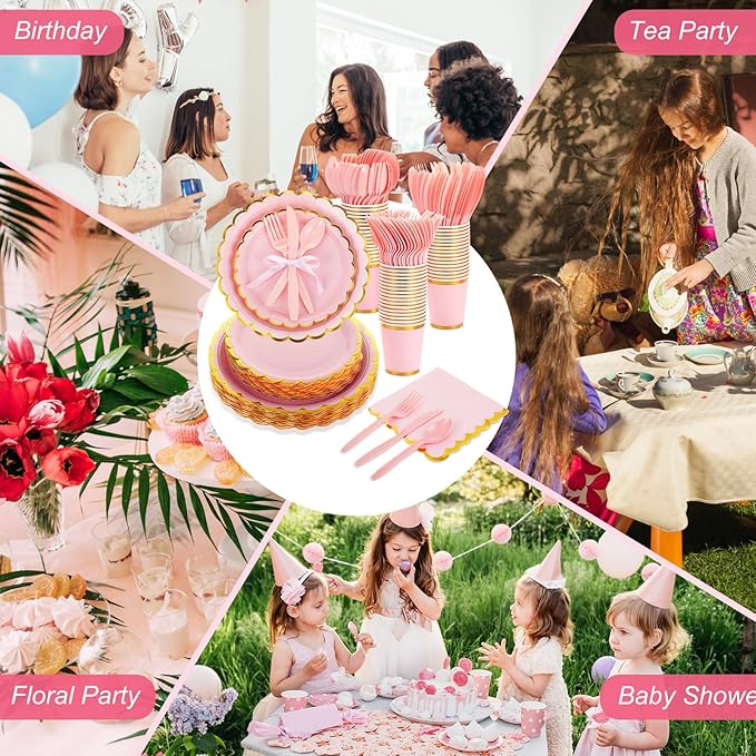 Ziliny 350 Pcs Light Pink Plates and Napkins Party Supplies for Guests Woodland Baby Shower Tableware Include Scalloped Plates Paper Napkin Cup Spoon Fork Knife for Wedding, Birthday