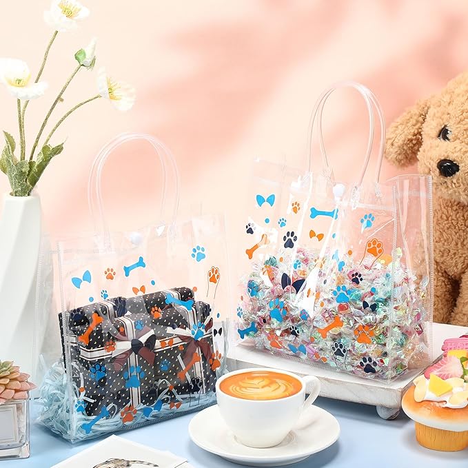 Supervitae 36 Pcs Dog Paw Clear Favor Bags with Handle Reusable Plastic PVC Gift Bag Animal Goodies Treats Wrap Totes for Christmas Birthday Party Supplies, 8 x 8 x 3.15 Inch