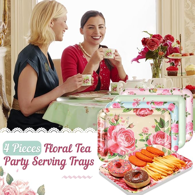 4 Pieces Serving Trays Melamine Platters Reusable Rectangle Party Trays for Theme Party Food Dessert Serving Supplies, 13 x 9.7 inch(Colorful,Flower)