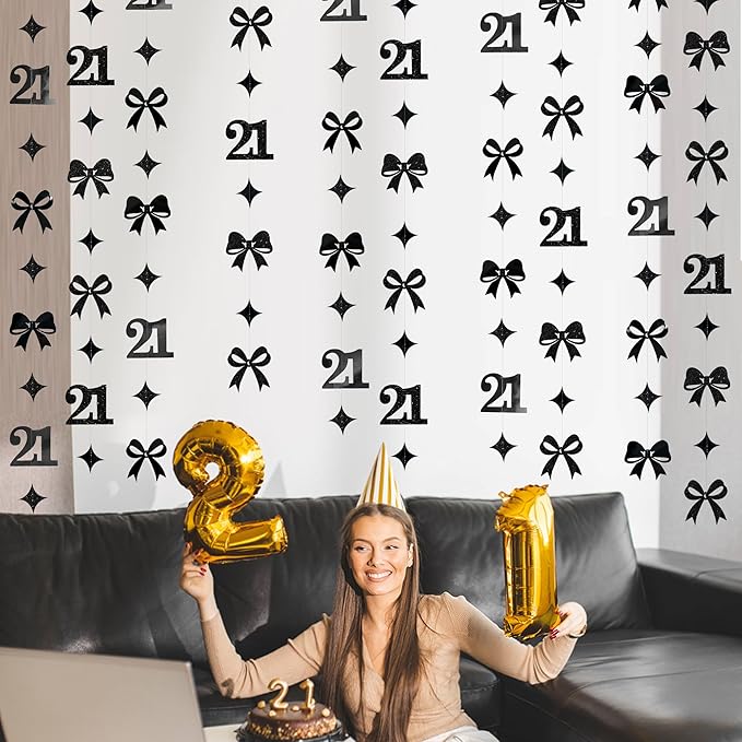 Black 21st Bow Birthday Decorations Glitter Conquette Bow Garland Streamer Banner Backdrop for Girls Boys Happy 21st Birthday Finally Legal Cheers to 21 Years Old Awesome Since 2004 Party Supplies